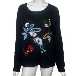 Relativity Sweater Black with Colored Embroidered Floral Detail Women's XL